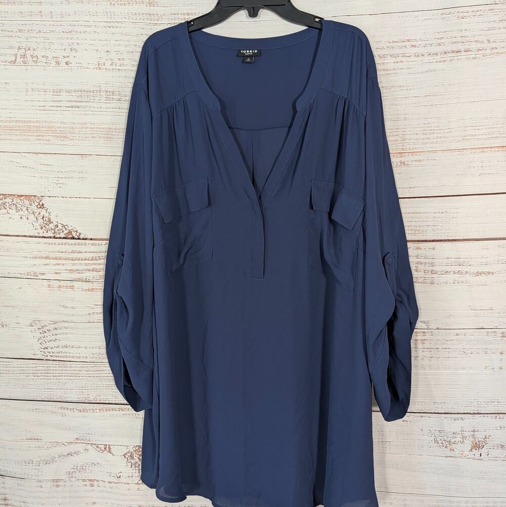 Torrid Navy Blue Utility Blouse Top Size 1X Silky Sleeve Button Back